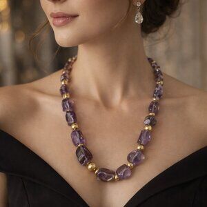 Elegant Amethyst Nugget Necklace • 26" Natural Stone Statement
